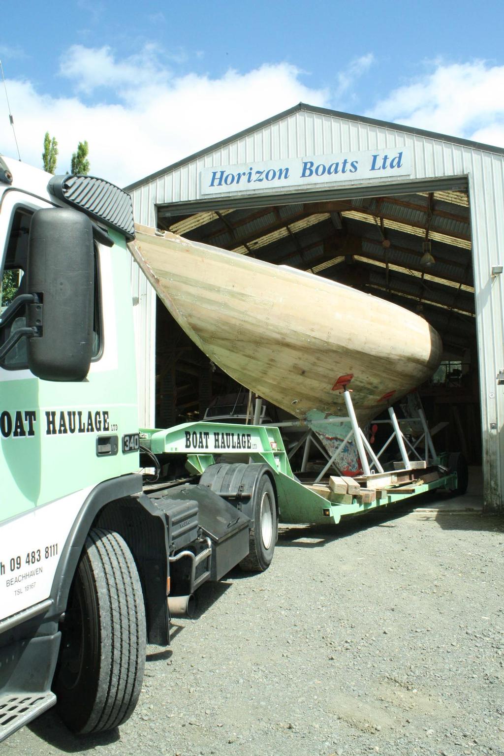 Rainbow II enters the shed at Horizon Boats - May 2014 © SW